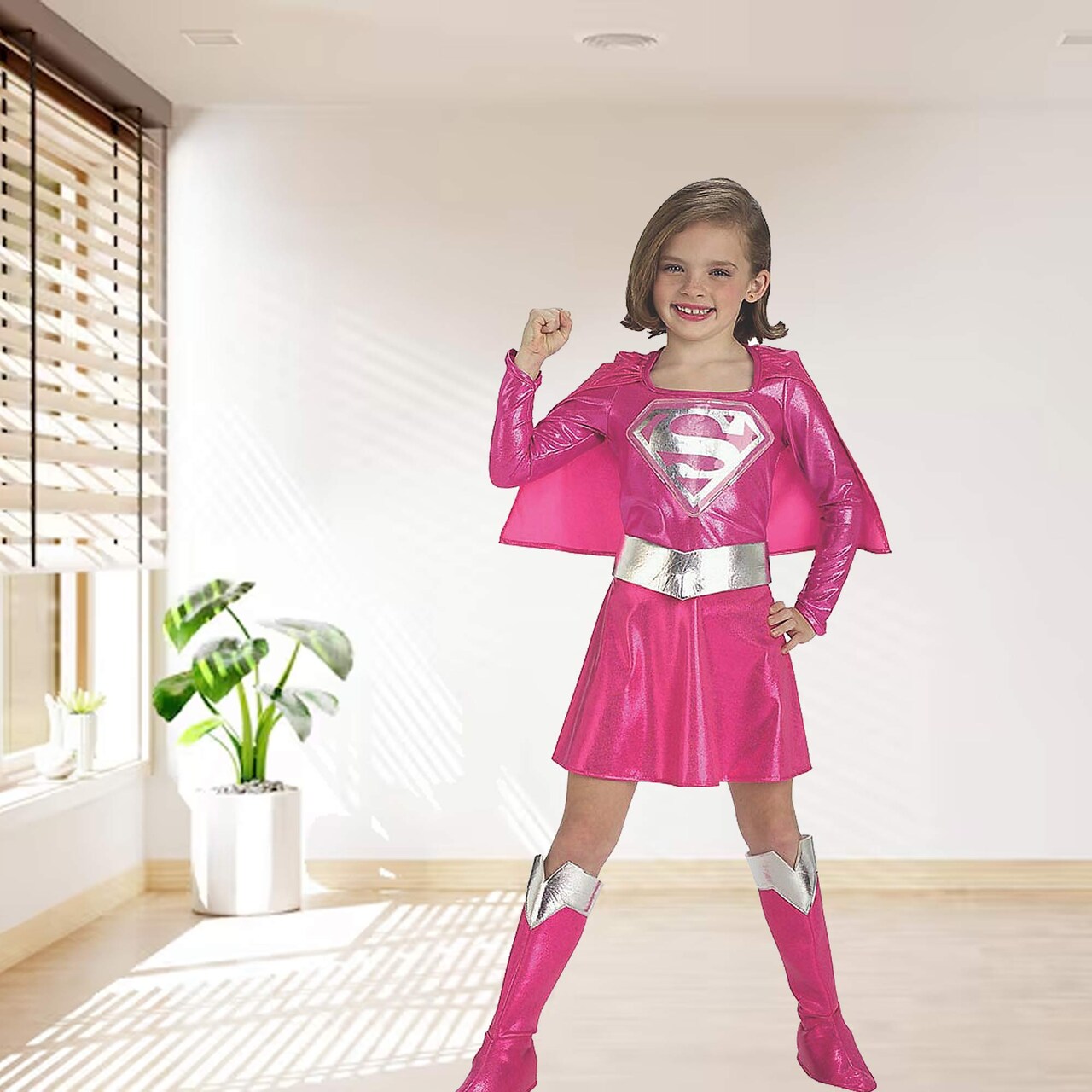 Girls Pink Supergirl Costume Dress with Cape Belt and Boot Tops Included